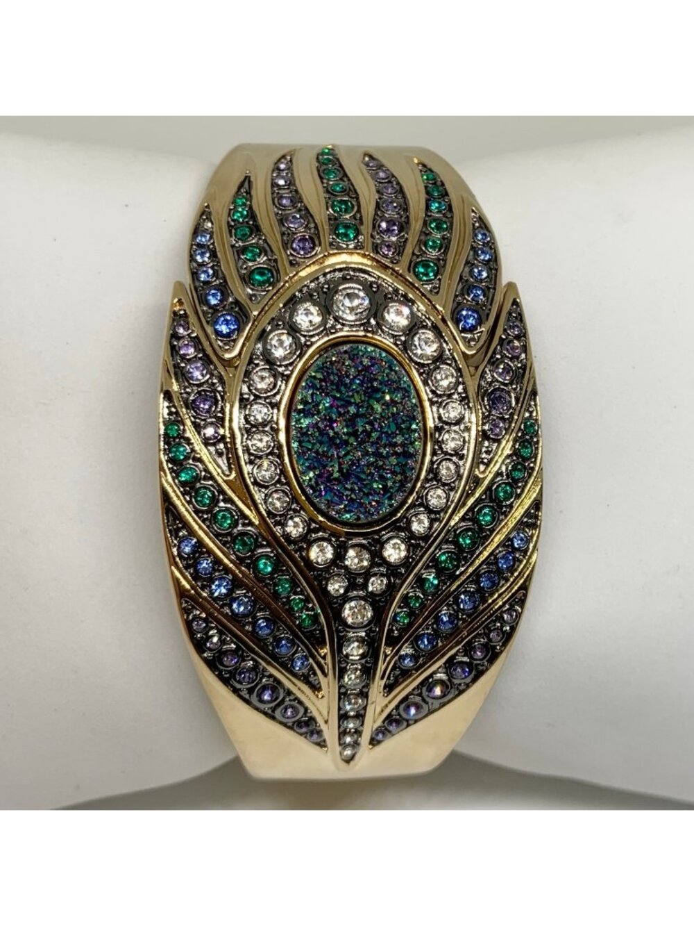 Victoria Wieck Jeweled Peacock Feather Cuff Watch gold tone quartz 7” running
